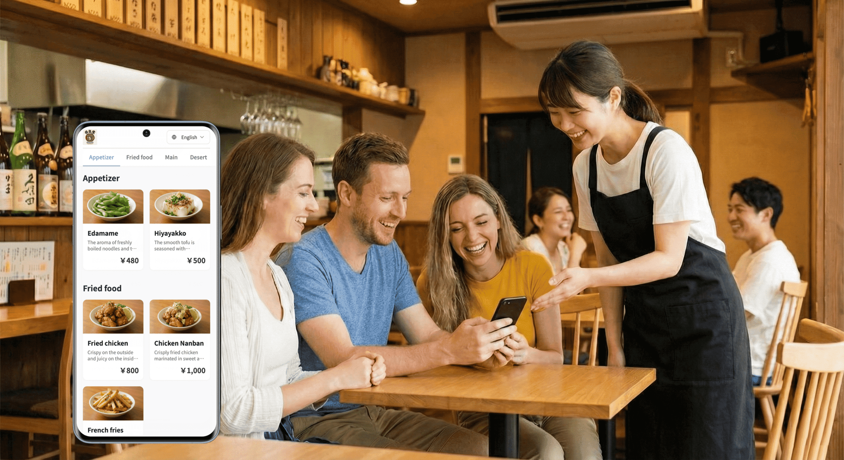 Food Canvasを使って多言語メニューを閲覧する外国人観光客