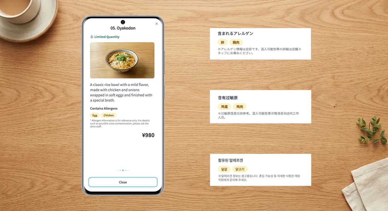 メニューに多言語のアレルゲンチップを表示した例